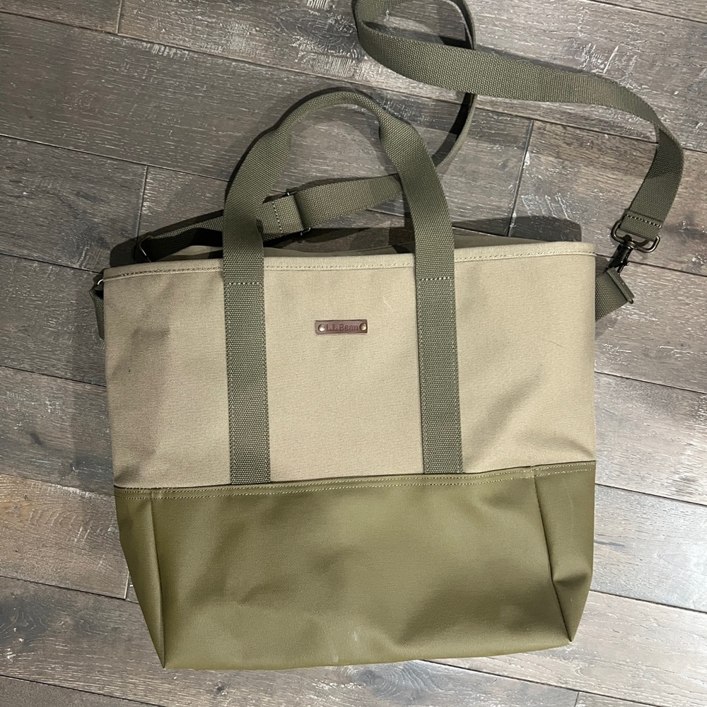 LL Bean Olive Green and Tan Tote Bag